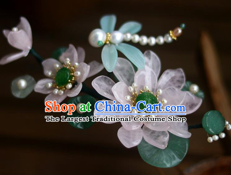 Chinese Ancient Princess Rose Quartz Lotus Hairpin Traditional Song Dynasty Pearls Dragonfly Hair Stick