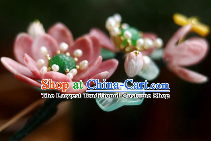 Chinese Ancient Princess Red Lotus Hairpin Traditional Song Dynasty Jade Pearls Hair Stick
