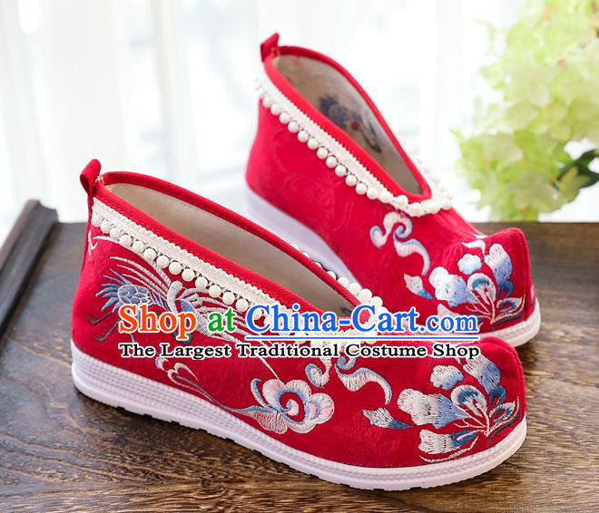 China Ancient Ming Dynasty Shoes National Embroidered Crane Red Shoes Traditional Hanfu Pearls Shoes