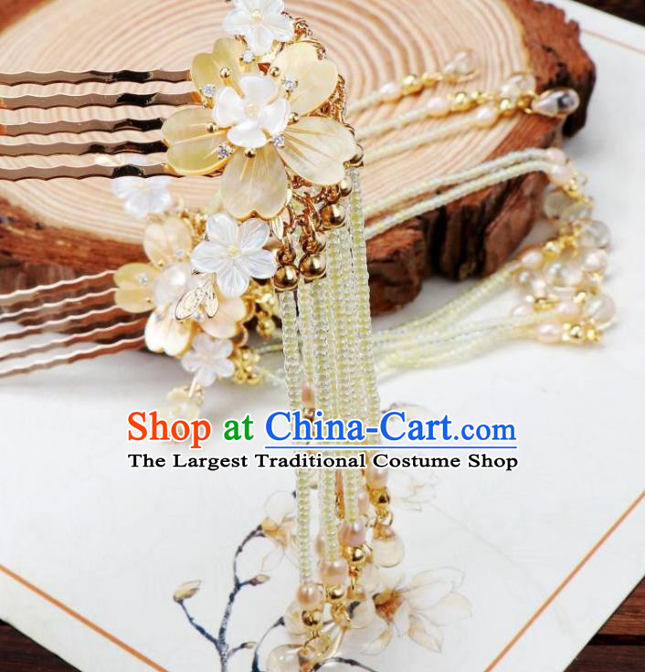 Chinese Ancient Palace Lady Shell Sakura Hairpin Traditional Ming Dynasty Yellow Beads Tassel Hair Combs