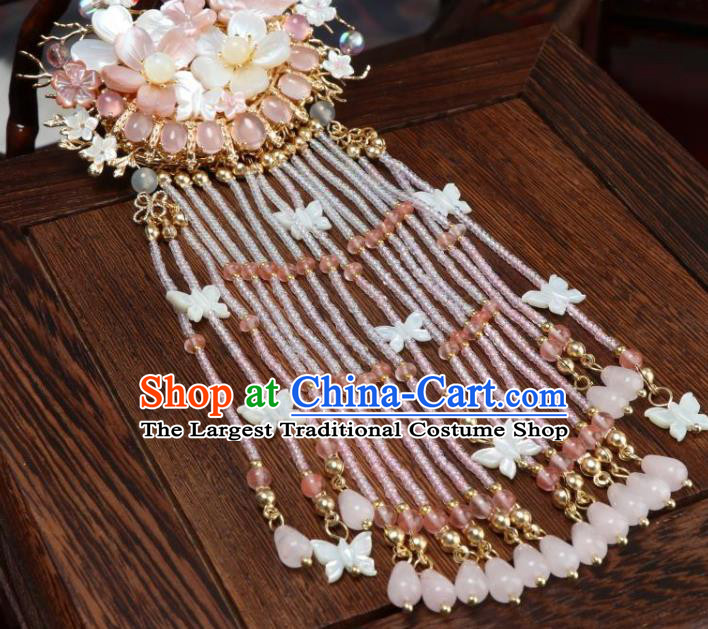 Chinese Ancient Palace Princess Pink Beads Tassel Hairpin Traditional Ming Dynasty Peach Blossom Hair Claw