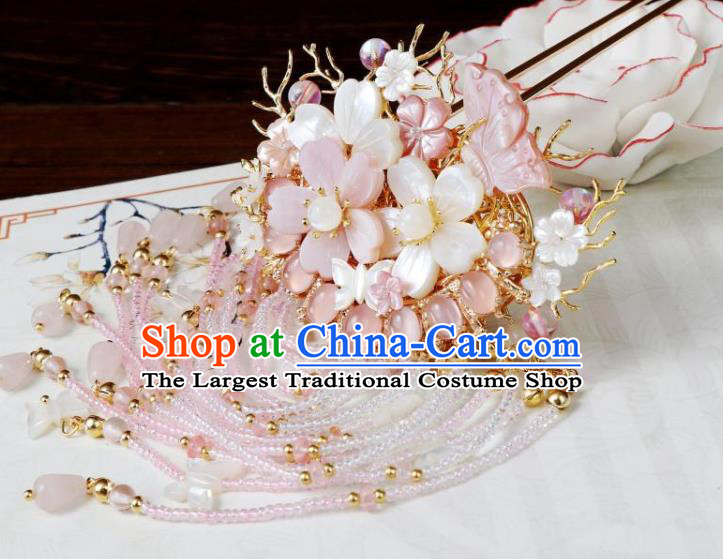 Chinese Ancient Palace Princess Pink Beads Tassel Hairpin Traditional Ming Dynasty Peach Blossom Hair Claw