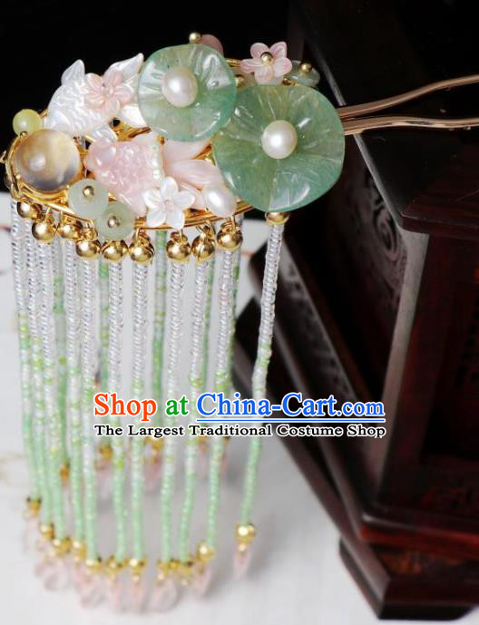 Chinese Ancient Princess Fish Lotus Leaf Hairpin Traditional Song Dynasty Beads Tassel Hair Clip