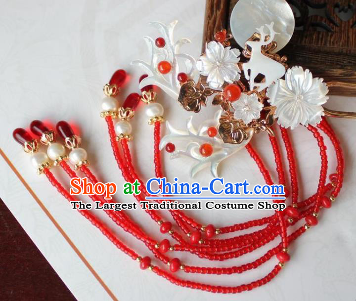 Chinese Ancient Palace Lady Shell Hairpin Traditional Tang Dynasty Princess Red Beads Tassel Hair Stick