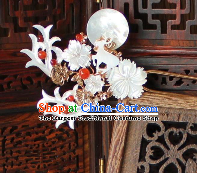Chinese Ancient Palace Lady Shell Hairpin Traditional Tang Dynasty Princess Red Beads Tassel Hair Stick
