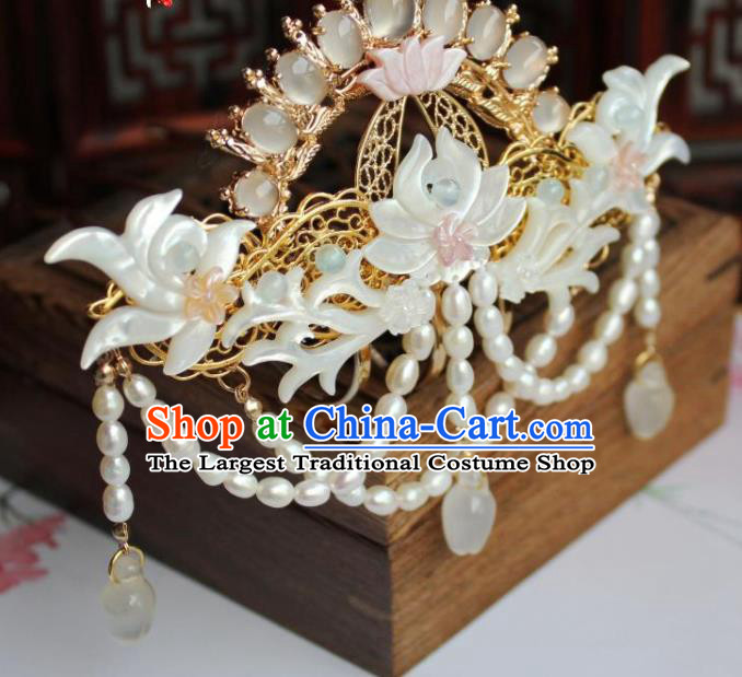 Chinese Ancient Princess Shell Lotus Hairpin Hanfu Hair Accessories Traditional Tang Dynasty Pearls Tassel Hair Crown