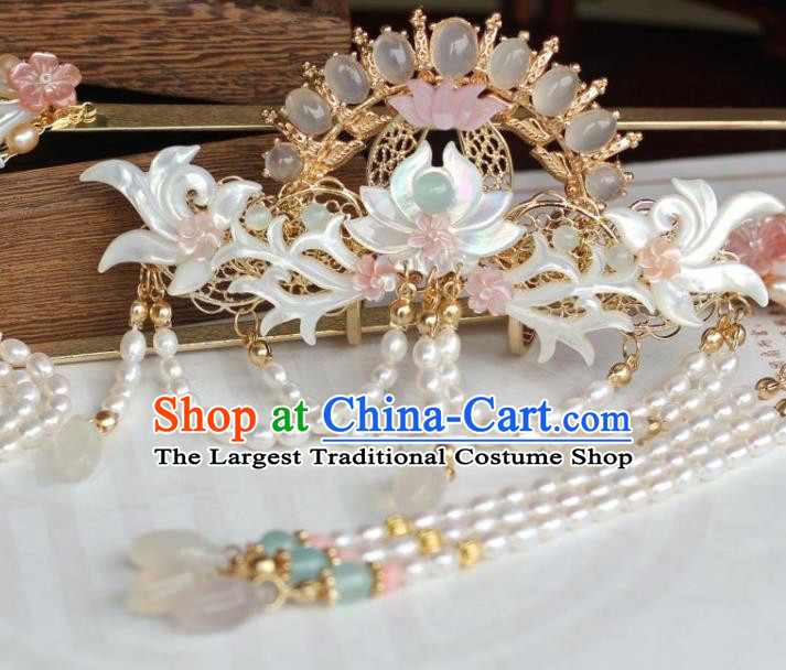 Chinese Ancient Princess Shell Lotus Hairpin Hanfu Hair Accessories Traditional Tang Dynasty Pearls Tassel Hair Crown