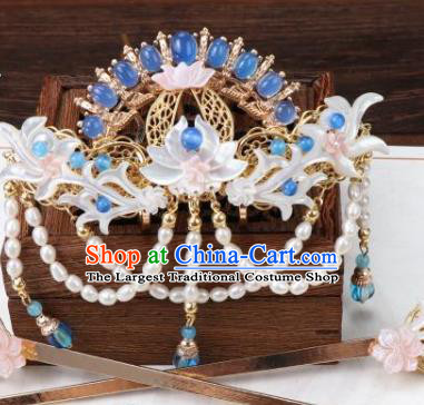 Chinese Ancient Princess Azurlite Hairpin Hanfu Hair Accessories Traditional Tang Dynasty Shell Lotus Hair Crown