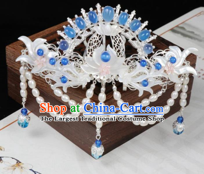 Chinese Ancient Princess Azurlite Hairpin Hanfu Hair Accessories Traditional Tang Dynasty Shell Lotus Hair Crown