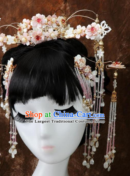 Chinese Ancient Princess Hair Accessories Hairpin Traditional Tang Dynasty Shell Flowers Tassel Hair Crown