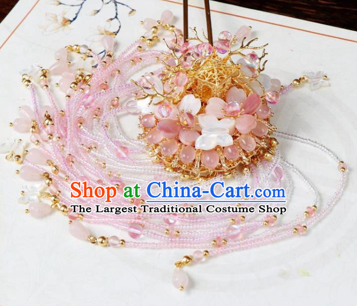 Chinese Ancient Imperial Consort Peach Blossom Hairpin Traditional Tang Dynasty Pink Beads Tassel Hair Stick