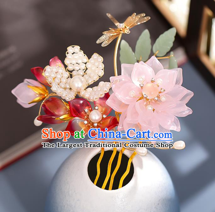 Chinese Ancient Princess Golden Dragonfly Hairpin Traditional Song Dynasty Pink Lotus Hair Comb