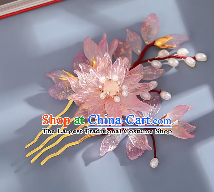 Chinese Ancient Hair Accessories Princess Hairpin Traditional Hanfu Pink Flowers Hair Comb