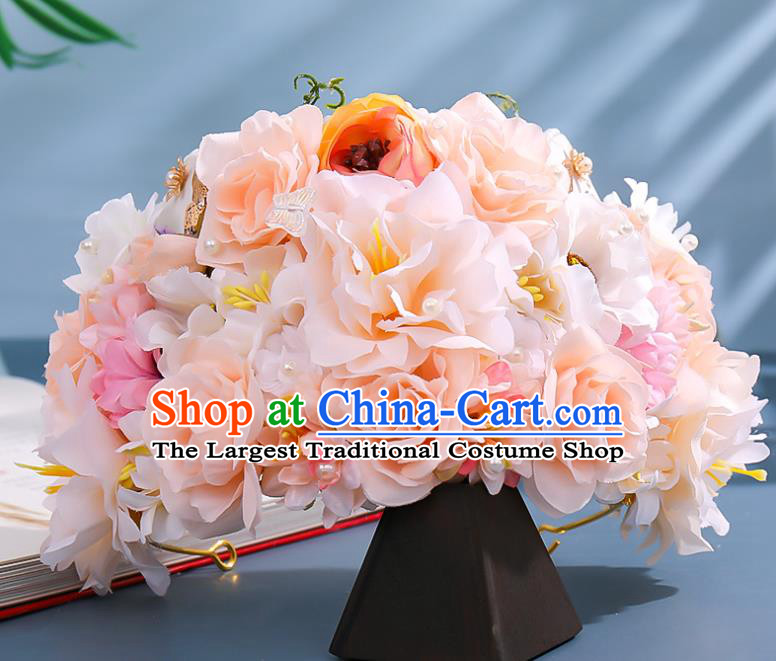 Chinese Ancient Imperial Consort Hair Accessories Traditional Song Dynasty Court Pink Silk Flowers Hair Crown