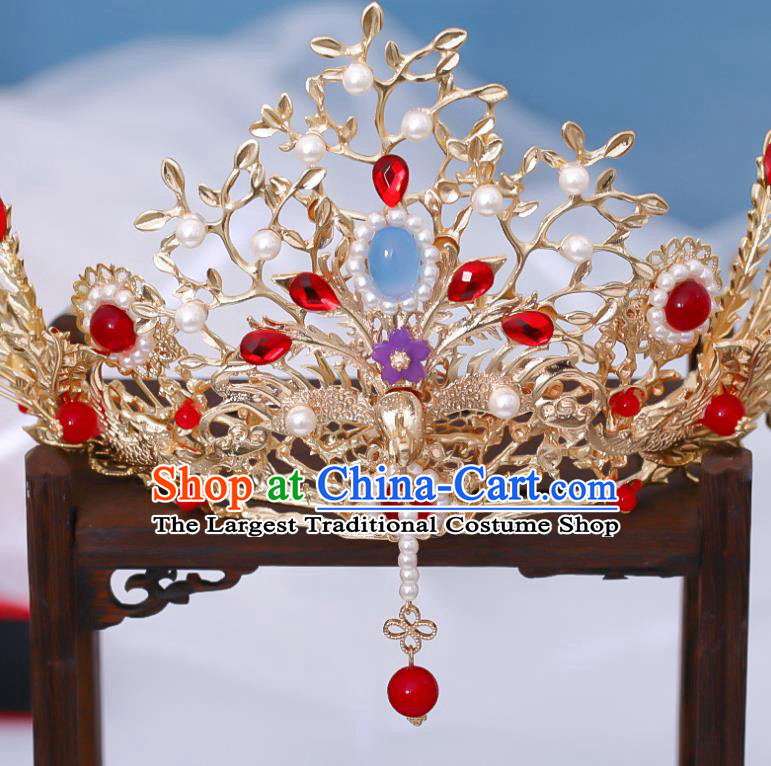 Chinese Ancient Bride Golden Hair Crown Traditional Ming Dynasty Wedding Tassel Phoenix Coronet
