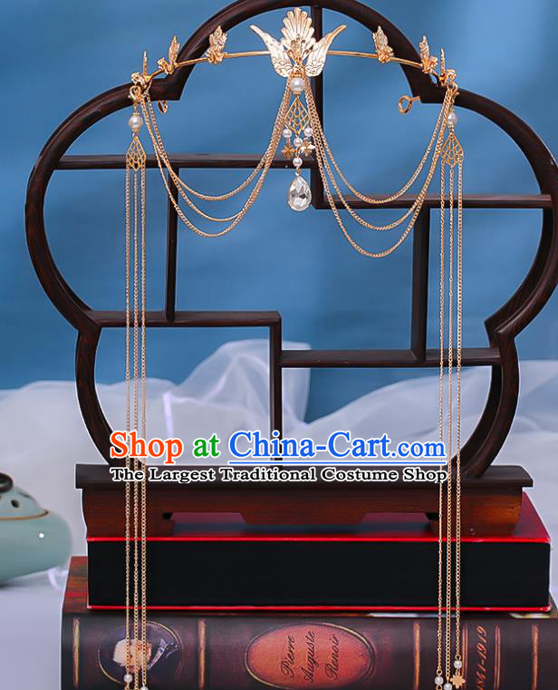 Chinese Ancient Empress Golden Phoenix Hair Crown Traditional Ming Dynasty Wedding Tassel Hair Clasp