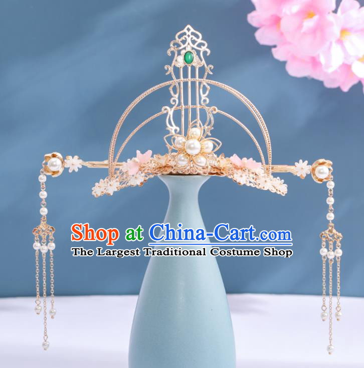 Chinese Ancient Princess Golden Hair Crown and Tassel Hairpin Traditional Wedding Hair Accessories