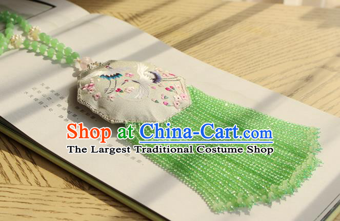 China Traditional Cheongsam Double Side Embroidered Sachet Necklace Accessories Handmade Green Beads Tassel Necklet