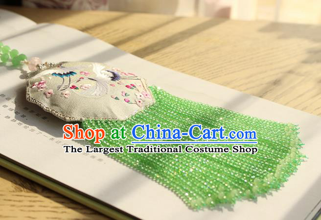 China Traditional Cheongsam Double Side Embroidered Sachet Necklace Accessories Handmade Green Beads Tassel Necklet