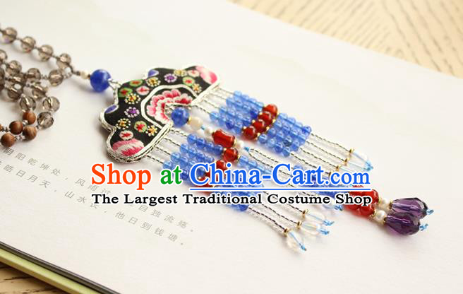 China Handmade Embroidered Necklet Traditional Cheongsam Blue Beads Tassel Necklace Accessories