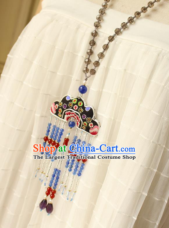 China Handmade Embroidered Necklet Traditional Cheongsam Blue Beads Tassel Necklace Accessories
