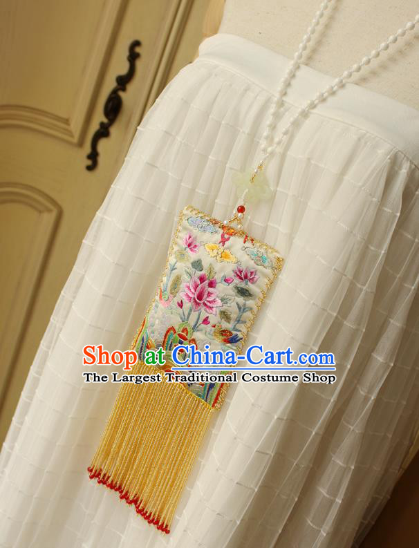 China Handmade Double Side Embroidered Lotus Necklet Traditional Cheongsam Yellow Beads Tassel Necklace Accessories