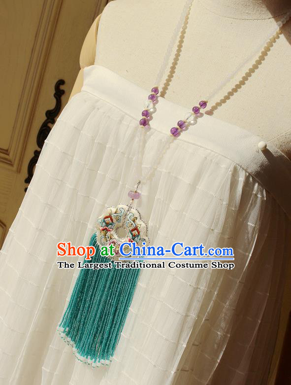 China Handmade Green Beads Tassel Necklet Accessories Traditional Cheongsam Embroidered Sachet Necklace