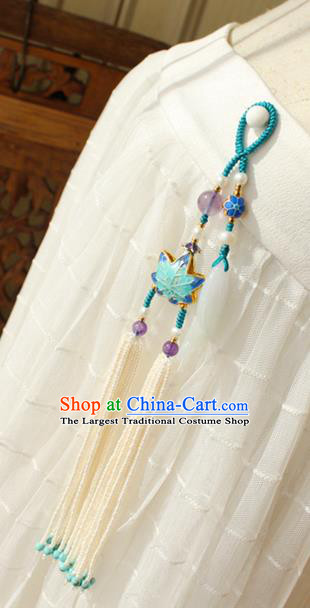 Chinese National Pearls Tassel Pendant Classical Qipao Dress Cloisonne Maple Leaf Brooch