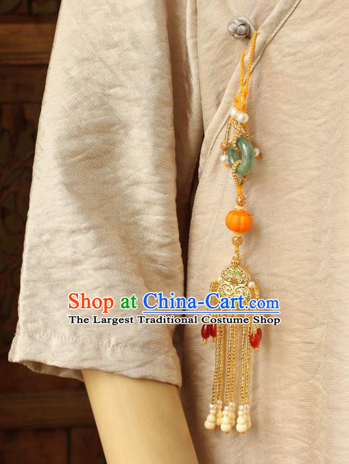 Chinese National Golden Gourd Tassel Pendant Classical Qipao Dress Jade Peace Buckle Brooch