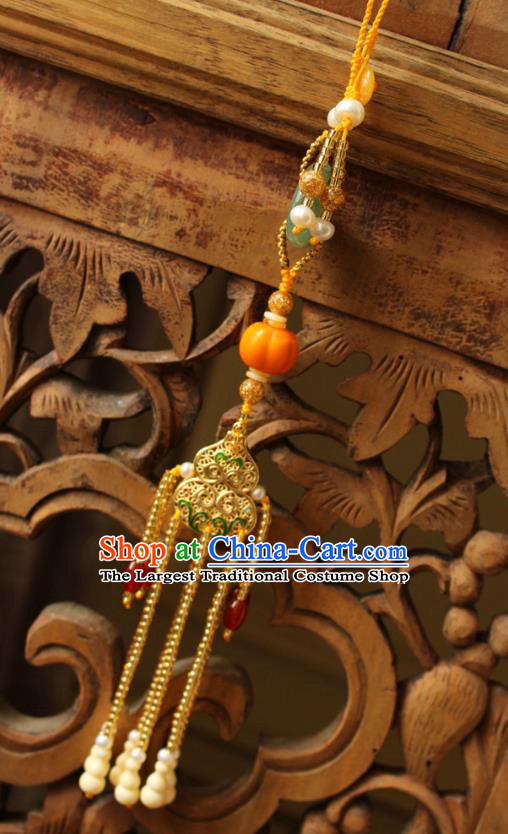 Chinese National Golden Gourd Tassel Pendant Classical Qipao Dress Jade Peace Buckle Brooch