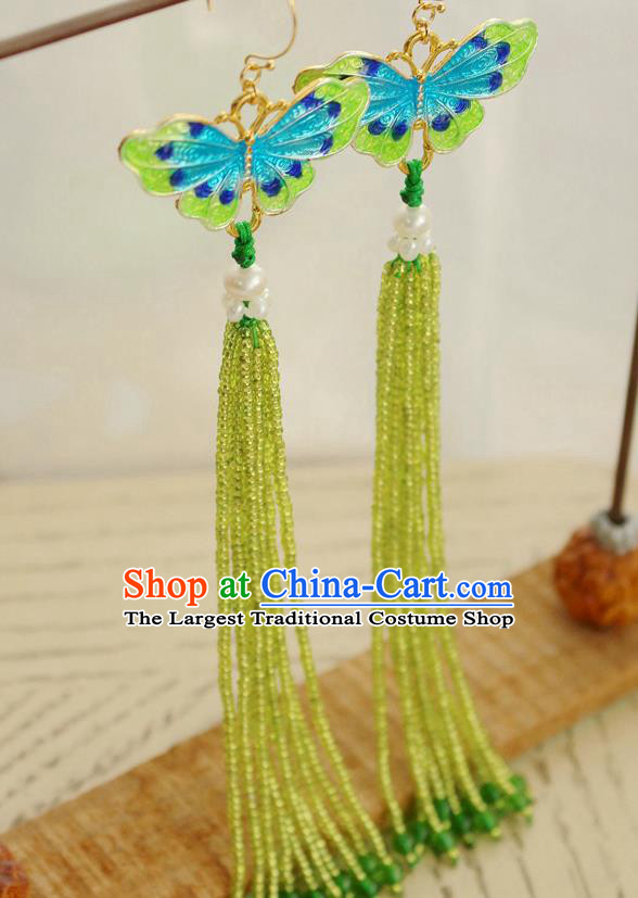 China Classical Cheongsam Green Beads Tassel Ear Jewelry Handmade National Blueing Butterfly Earrings