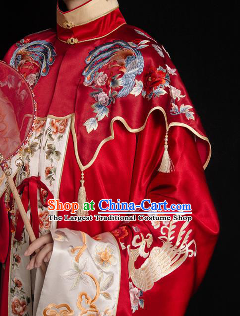 China Traditional Wedding Red Hanfu Dress Ancient Ming Dynasty Empress Embroidered Historical Clothing and Headdress Full Set