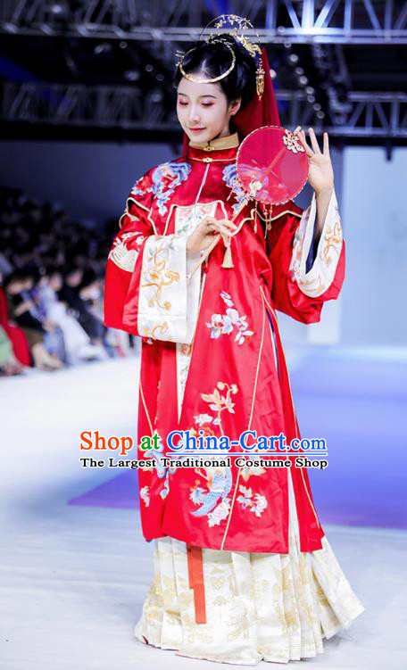 China Traditional Wedding Red Hanfu Dress Ancient Ming Dynasty Empress Embroidered Historical Clothing and Headdress Full Set