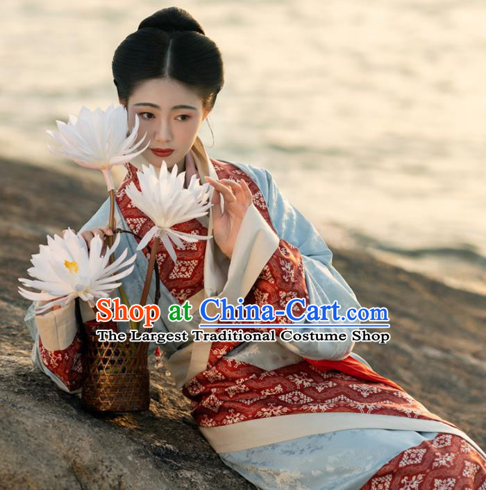 China Traditional Han Dynasty Palace Lady Blue Hanfu Dress Ancient Royal Princess Historical Clothing