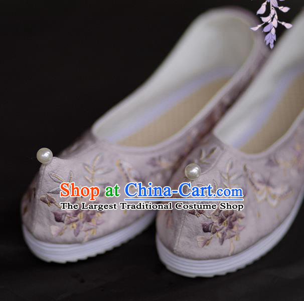 Chinese Embroidered Wisteria Butterfly Shoes Handmade Lilac Cloth Shoes Traditional Hanfu Shoes