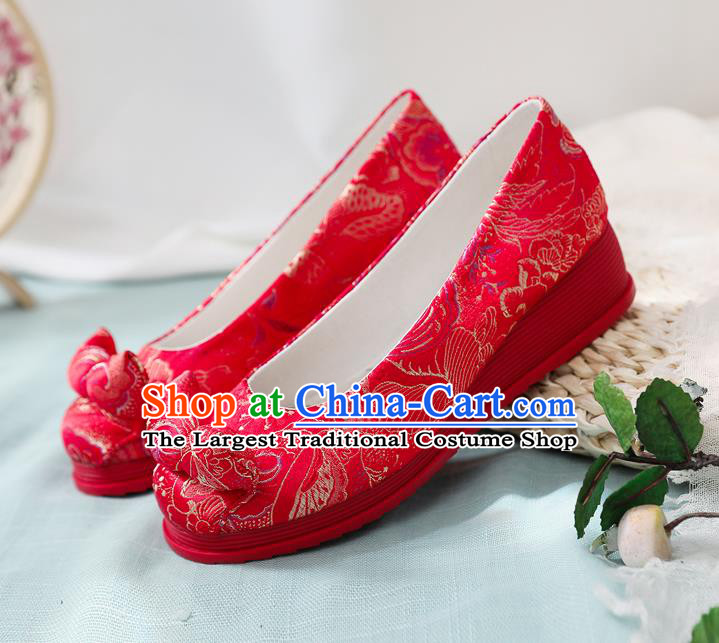 China National Wedding Bride Red Satin Shoes Traditional Cheongsam Wedge Heel Shoes