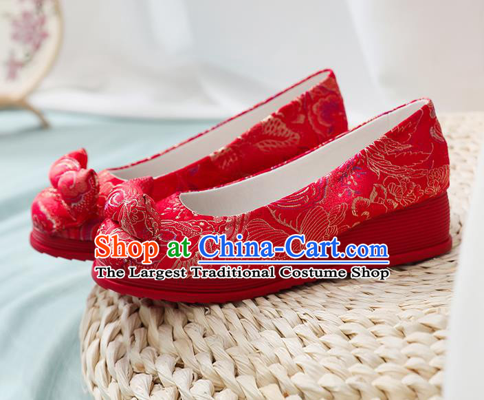 China National Wedding Bride Red Satin Shoes Traditional Cheongsam Wedge Heel Shoes