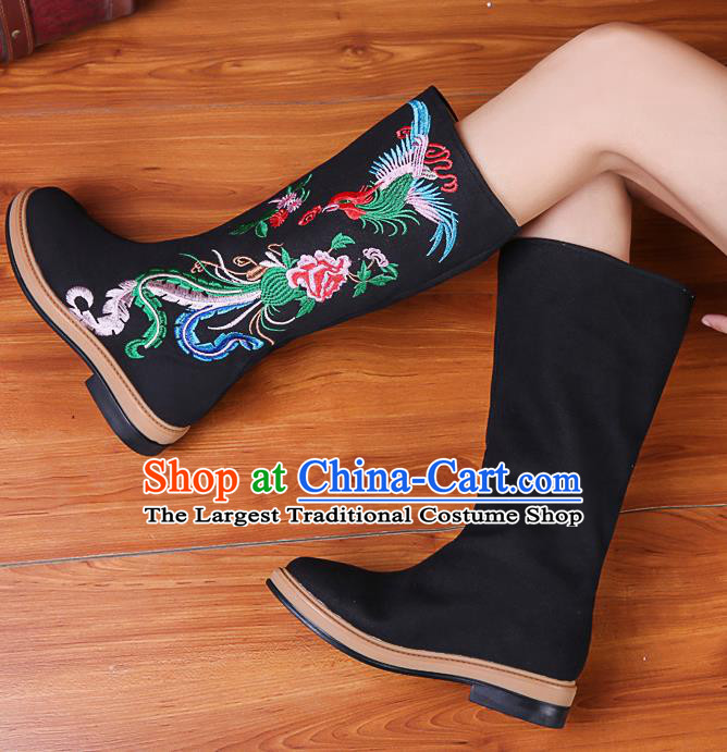 China National Winter Black Boots Traditional Embroidered Phoenix Peony Shoes