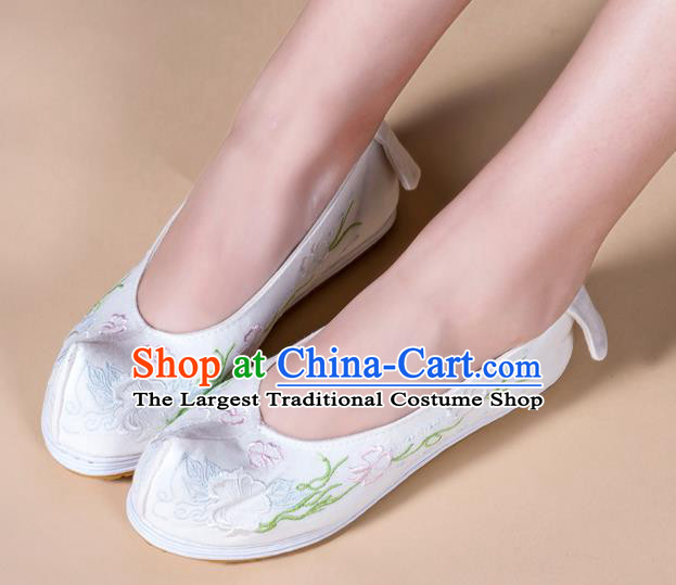 Chinese Ancient Princess Shoes Traditional Ming Dynasty Hanfu Shoes Handmade Embroidered White Bow Shoes
