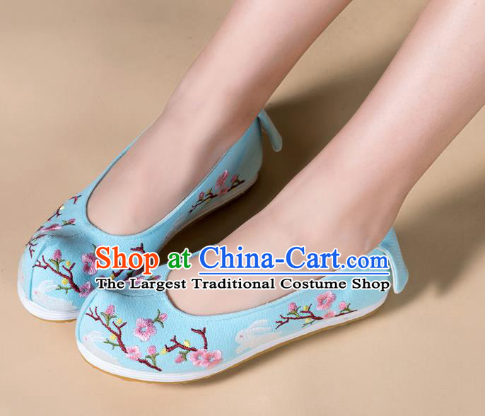 Chinese Classical Dance Shoes Traditional Ming Dynasty Hanfu Shoes Handmade Embroidered Plum Blue Cloth Shoes