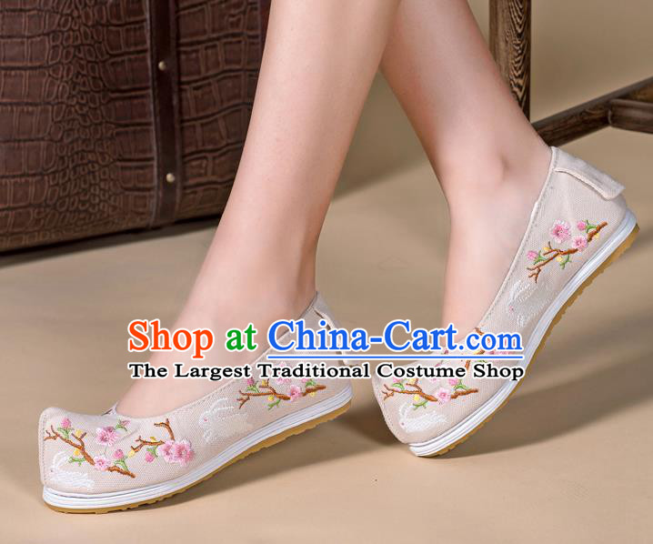 Chinese Handmade Embroidered Plum Beige Cloth Shoes Classical Dance Shoes Traditional Hanfu Bow Shoes