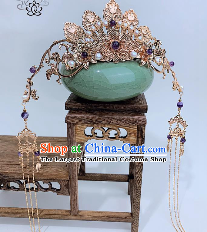China Ancient Princess Hair Accessories Handmade Traditional Ming Dynasty Court Golden Peony Hair Crown