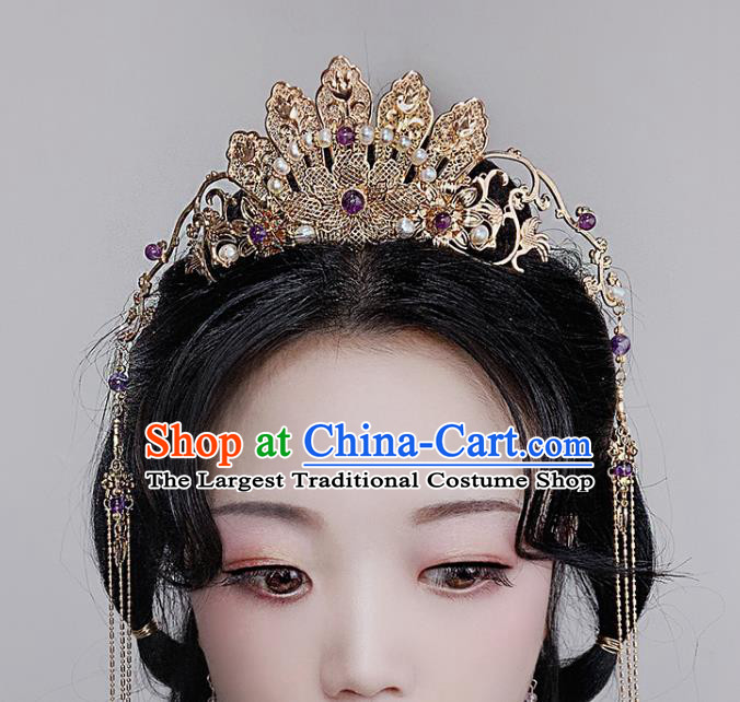 China Ancient Princess Hair Accessories Handmade Traditional Ming Dynasty Court Golden Peony Hair Crown