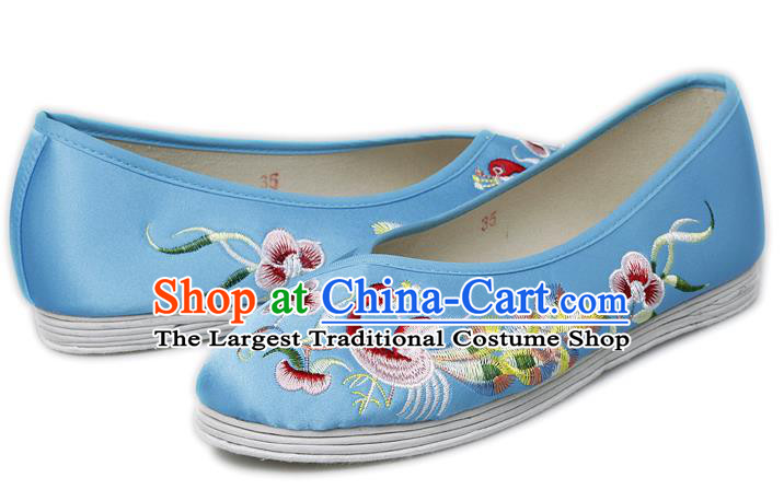China Traditional Stage Performance Shoes National Embroidered Phoenix Blue Satin Boots