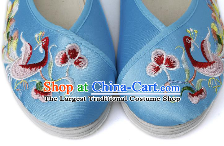 China Traditional Stage Performance Shoes National Embroidered Phoenix Blue Satin Boots