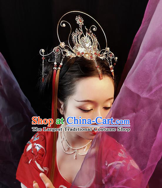 China Ancient Palace Lady Hair Accessories Handmade Traditional Tang Dynasty Princess Golden Phoenix Hair Crown