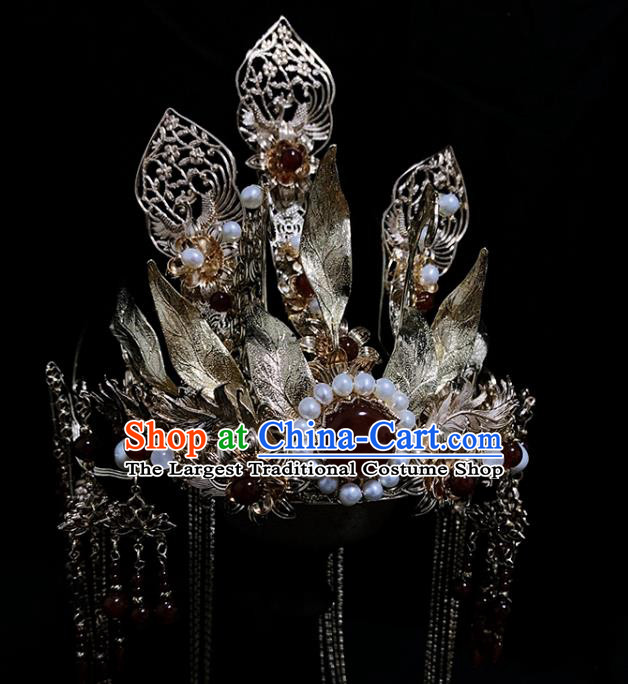 China Ancient Queen Hair Accessories Handmade Traditional Ming Dynasty Empress Golden Hair Crown