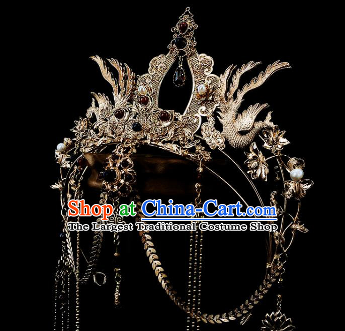 China Ancient Cosplay Court Lady Hair Accessories Handmade Traditional Tang Dynasty Golden Phoenix Hair Crown