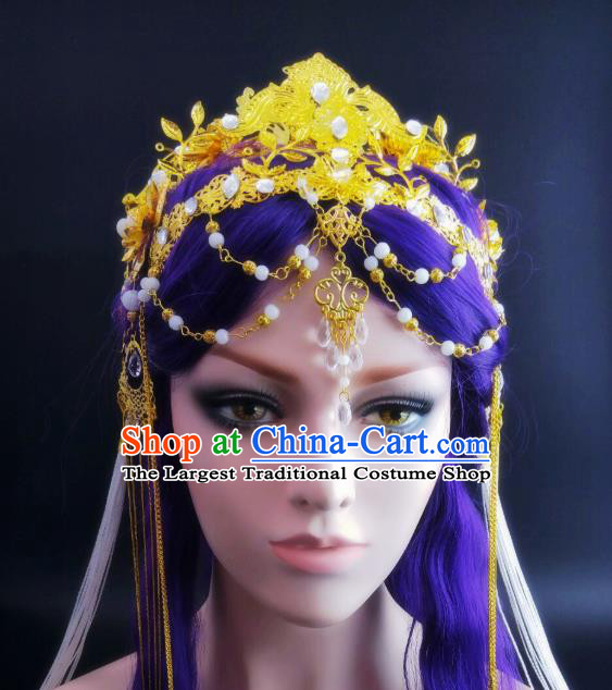 China Ancient Queen Headwear Handmade Traditional Cosplay Goddess Golden Hair Crown