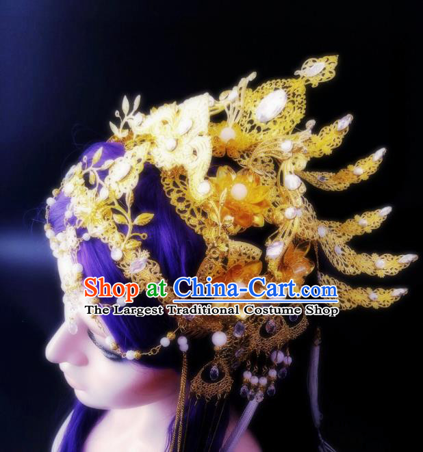 China Ancient Queen Headwear Handmade Traditional Cosplay Goddess Golden Hair Crown